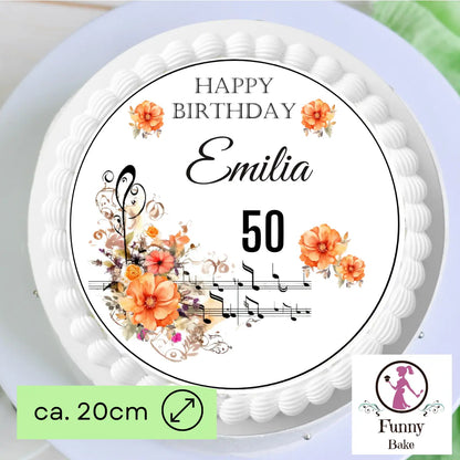 Tortenaufleger Happy Birthday mit Noten und Blumen – personalisiert mit Name & Wunschzahl Funny Bake