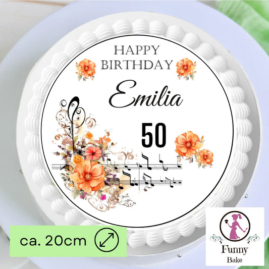 Tortenaufleger Happy Birthday mit Noten und Blumen – personalisiert mit Name & Wunschzahl Funny Bake