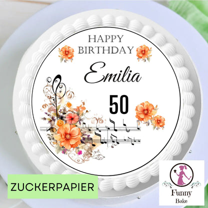 Tortenaufleger Happy Birthday mit Noten und Blumen – personalisiert mit Name & Wunschzahl Funny Bake