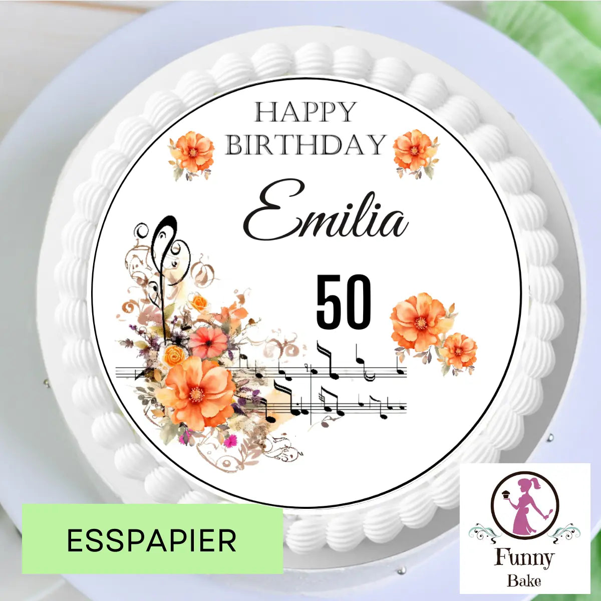 Tortenaufleger Happy Birthday mit Noten und Blumen – personalisiert mit Name & Wunschzahl Funny Bake