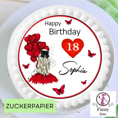 Tortenaufleger Girl mit Ballons – personalisiert mit Name & Wunschzahl Funnybake