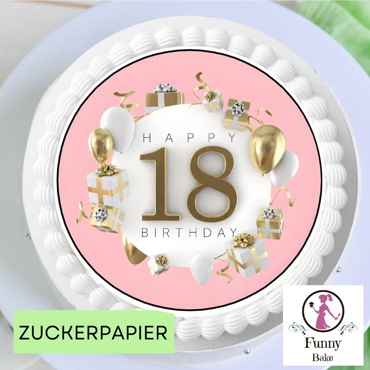 Tortenaufleger Happy Birthday 18 – Rosa-Gold Funny Bake
