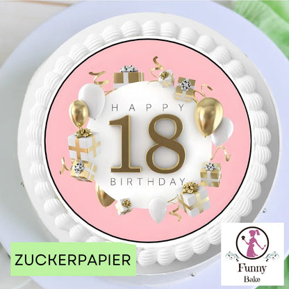 Tortenaufleger Happy Birthday 18 – Rosa-Gold Funny Bake
