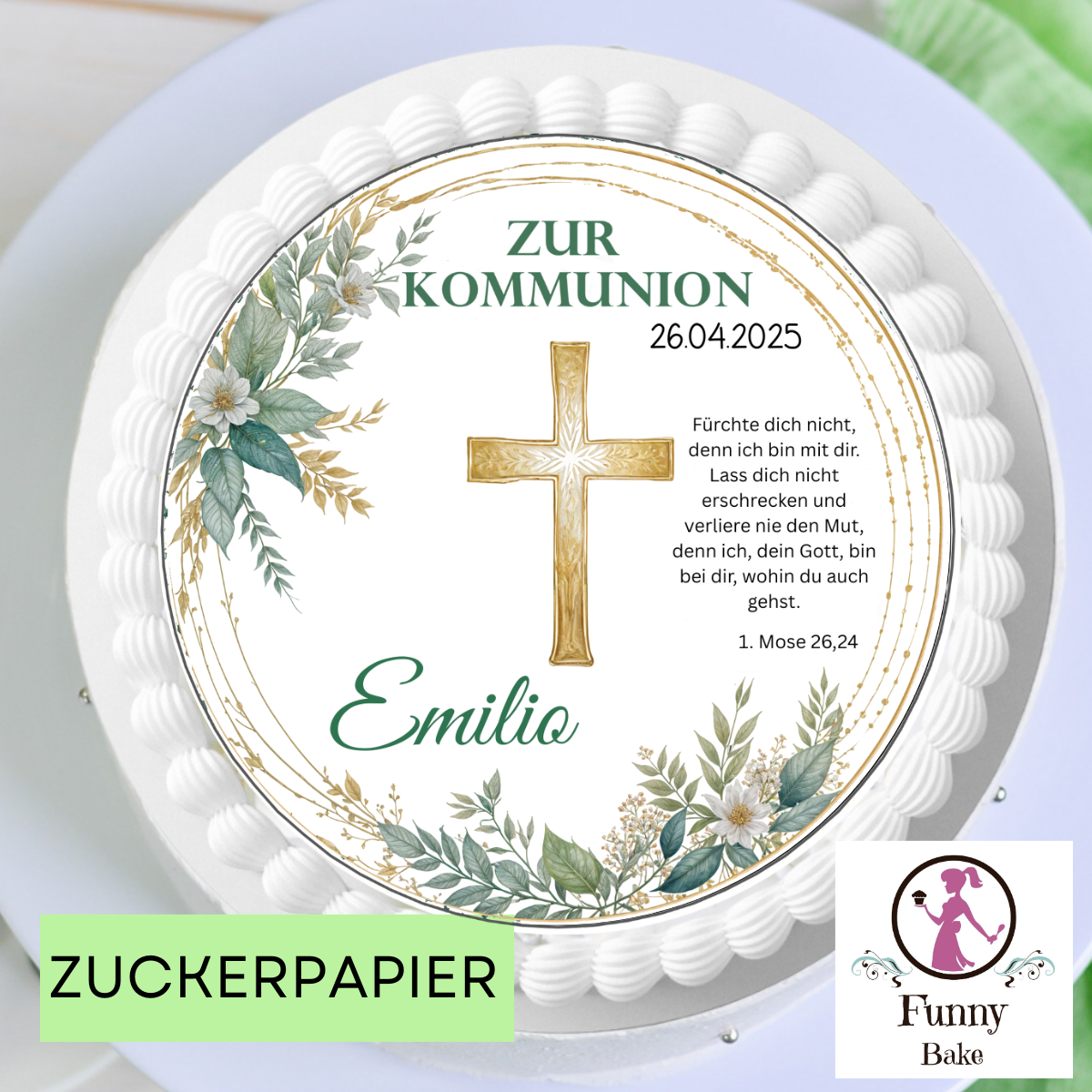 Tortenaufleger Kommunion Eukalyptus mit Kreuz