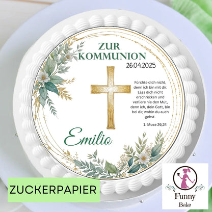 Tortenaufleger Kommunion Eukalyptus mit Kreuz - Funny Bake