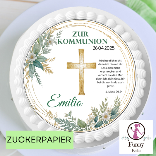 Tortenaufleger Kommunion Eukalyptus mit Kreuz