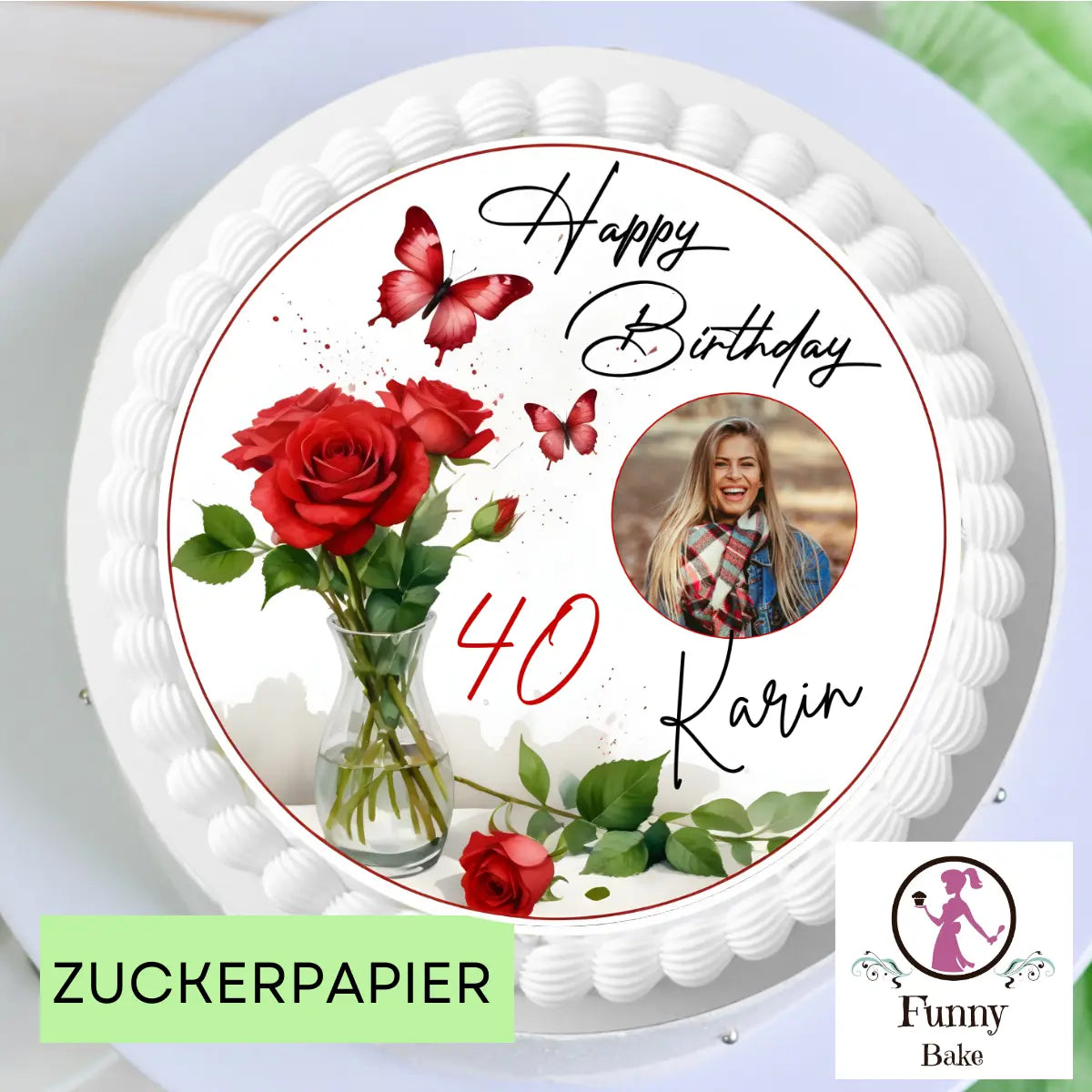 Tortenaufleger Rosenstrauß mit Foto – personalisiert mit eigenem Bild & Wunschtext Funnybake