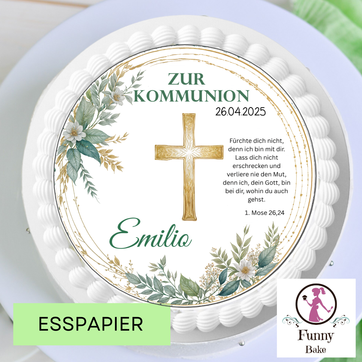 Tortenaufleger Kommunion Eukalyptus mit Kreuz