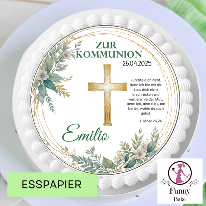 Tortenaufleger Kommunion Eukalyptus mit Kreuz