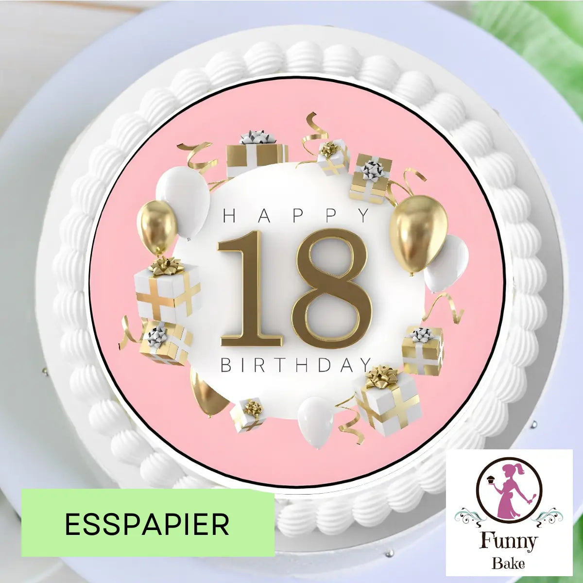 Tortenaufleger Happy Birthday 18 – Rosa-Gold Funny Bake
