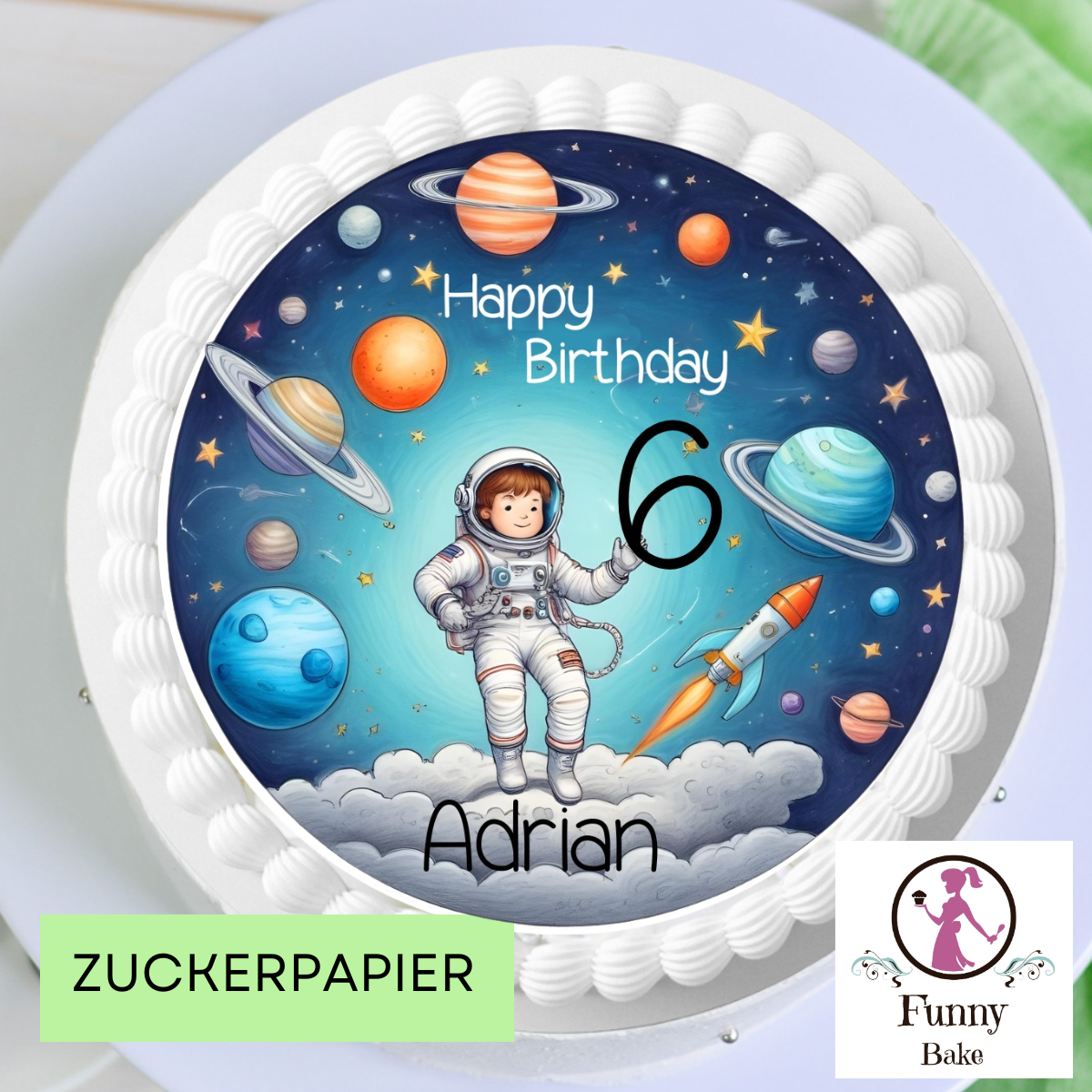 essbarer tortenaufleger personalisierbar mit name und wunschzahle.motiv weltraum kindgerechte zeichnung mit astronaut, planeten rakete