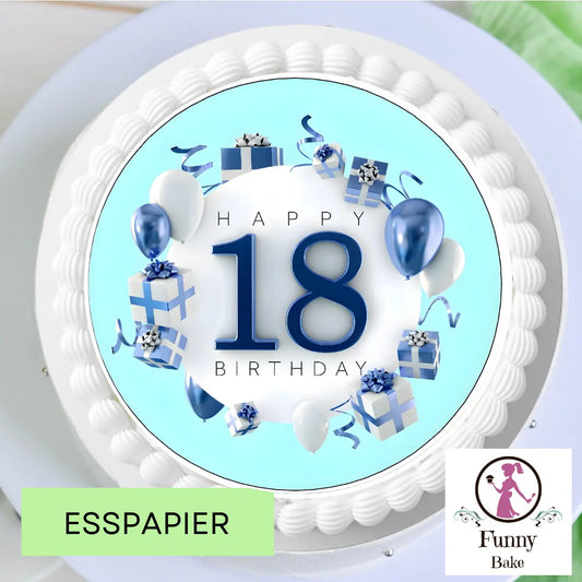 Tortenaufleger Happy Birthday 18 in Blau, Weiß & Silber Funny Bake