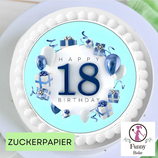 Tortenaufleger Happy Birthday 18 in Blau, Weiß & Silber Funny Bake