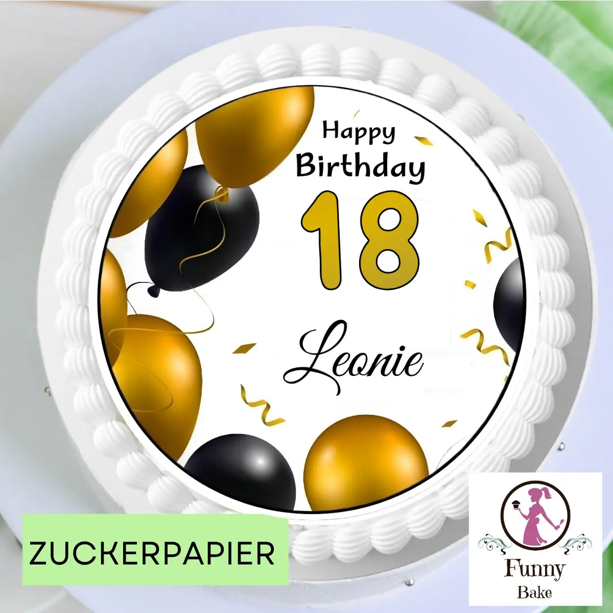 Tortenaufleger Happy Birthday mit Ballon gold/schwarz Funny Bake