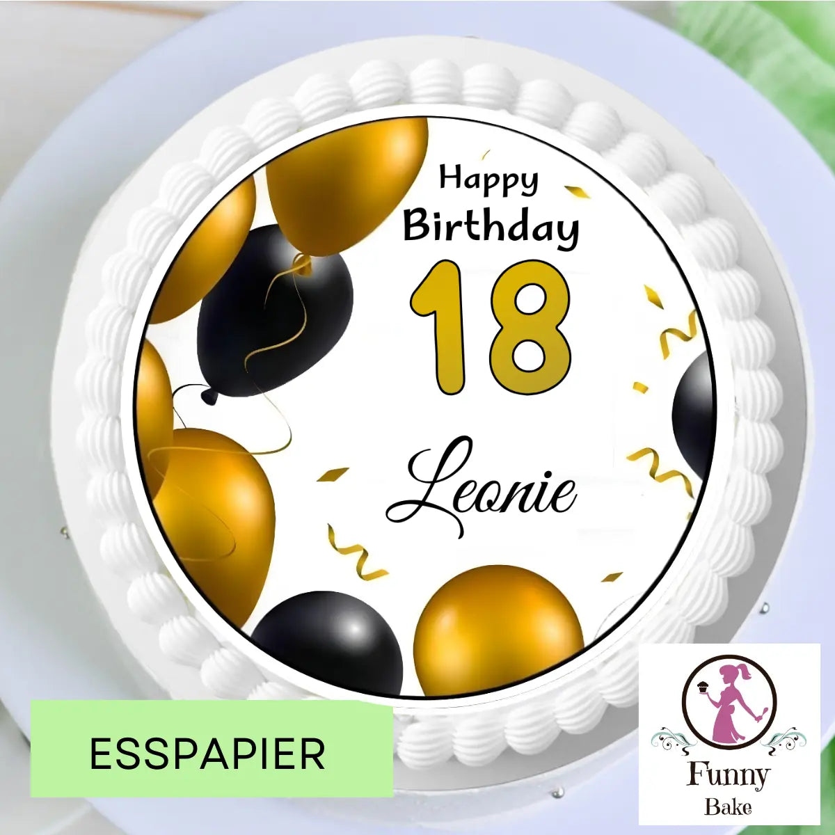 Tortenaufleger Happy Birthday mit Ballon gold/schwarz Funny Bake