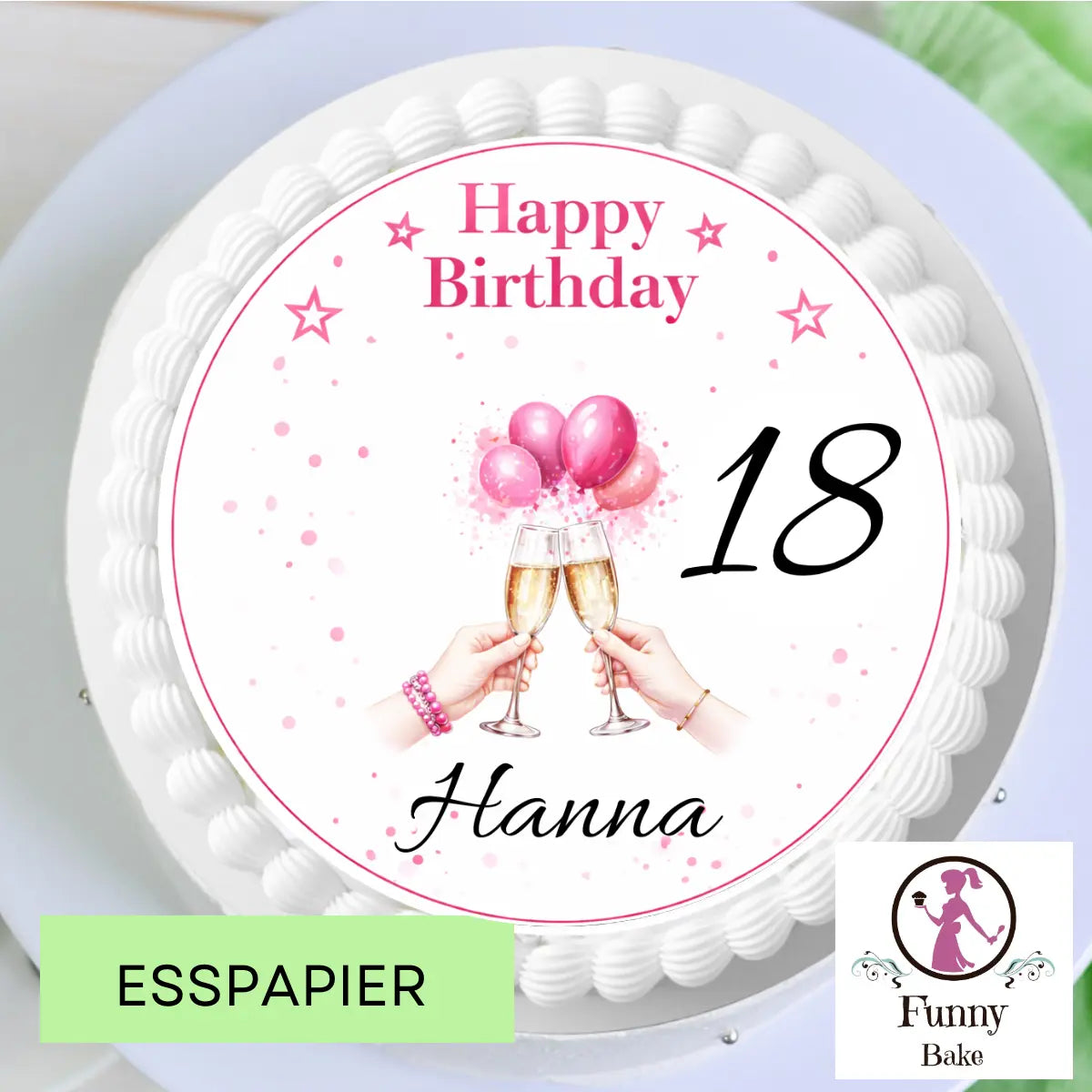 Tortenaufleger Happy Birthday rosa Ballons – personalisiert www.funnybake.de