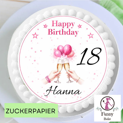 Tortenaufleger Happy Birthday rosa Ballons – personalisiert www.funnybake.de