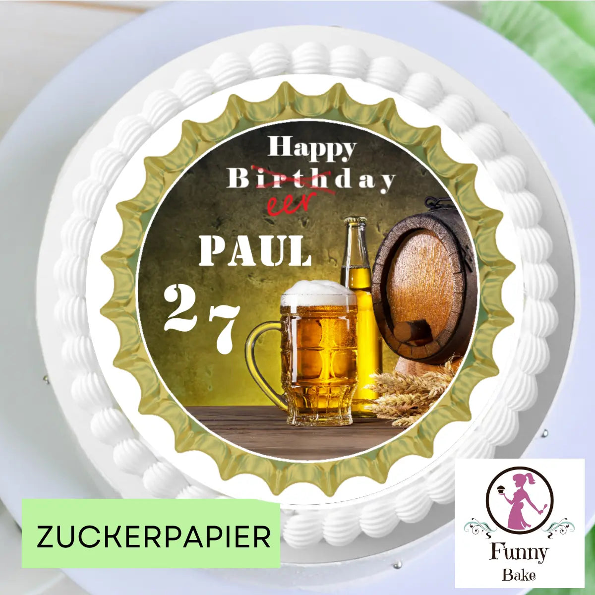 Tortenaufleger Geburtstag Mann mit Bierglas & Flasche – personalisiert mit Name & Zahl Funnybake