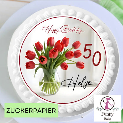 Tortenaufleger Tulpenstrauß – personalisiert mit Name & Wunschzahl Funnybake