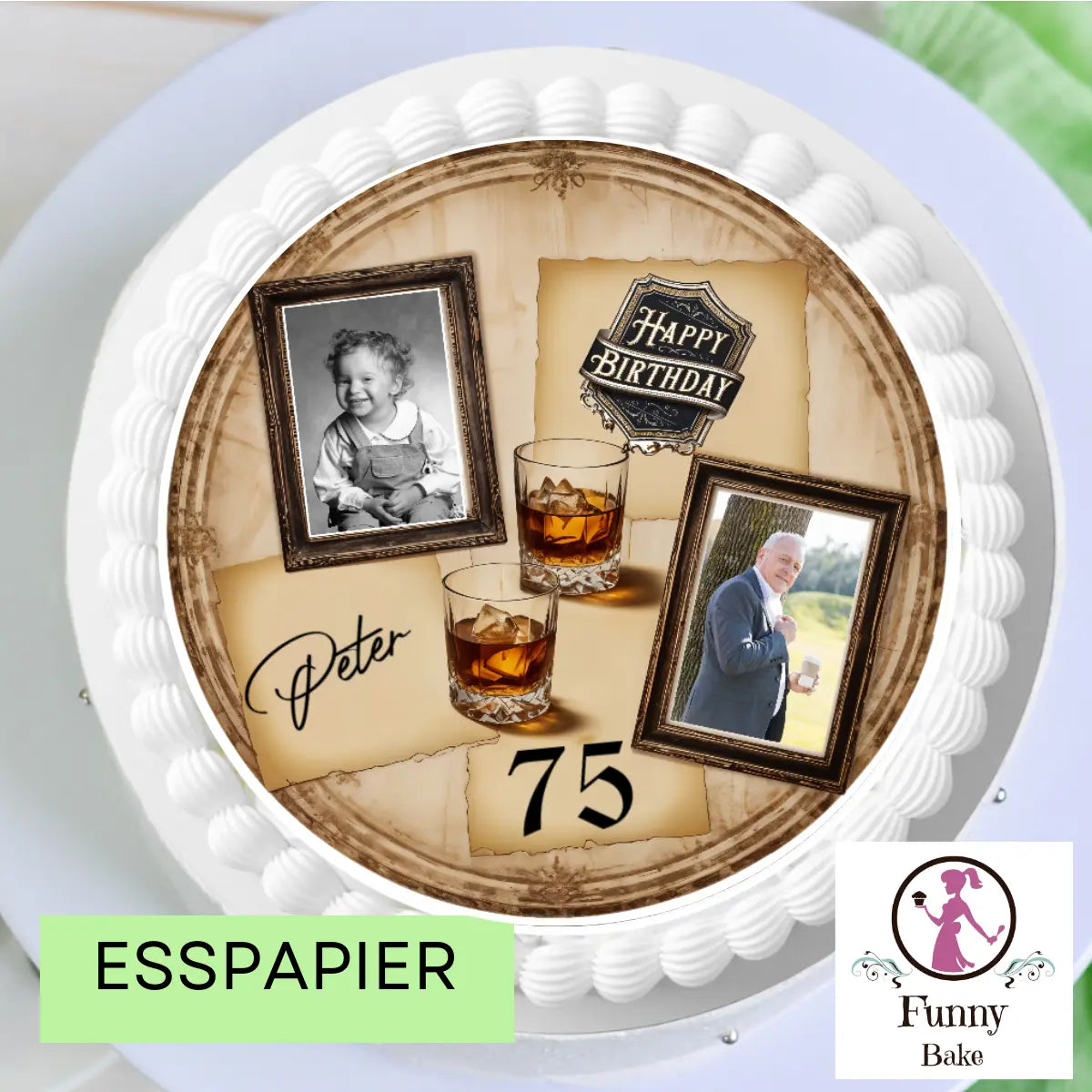 Tortenaufleger Geburtstag Mann mit 2 Bildern – personalisiert mit Name & Wunschzahl Funnybake