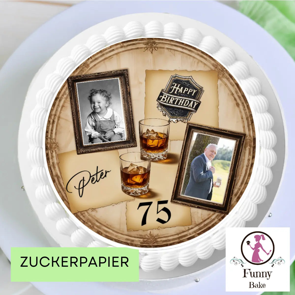 Tortenaufleger Geburtstag Mann mit 2 Bildern – personalisiert mit Name & Wunschzahl Funnybake