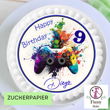 Tortenaufleger Happy Birthday Teenager Gamer – personalisiert mit Name & Wunschzahl Funny Bake