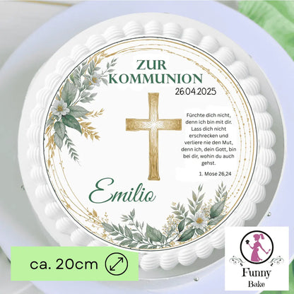 Tortenaufleger zur Kommunion mit Eukalyptus & Kreuz – rund Funnybake