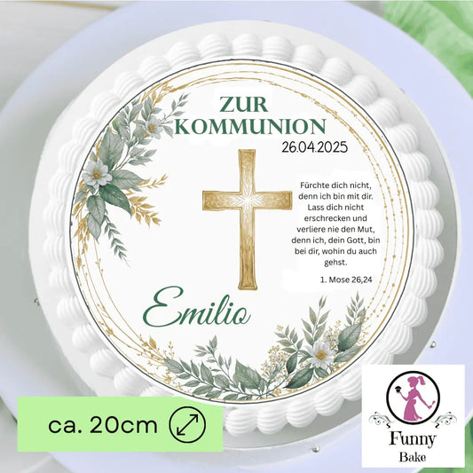 Tortenaufleger zur Kommunion mit Eukalyptus & Kreuz – rund Funnybake