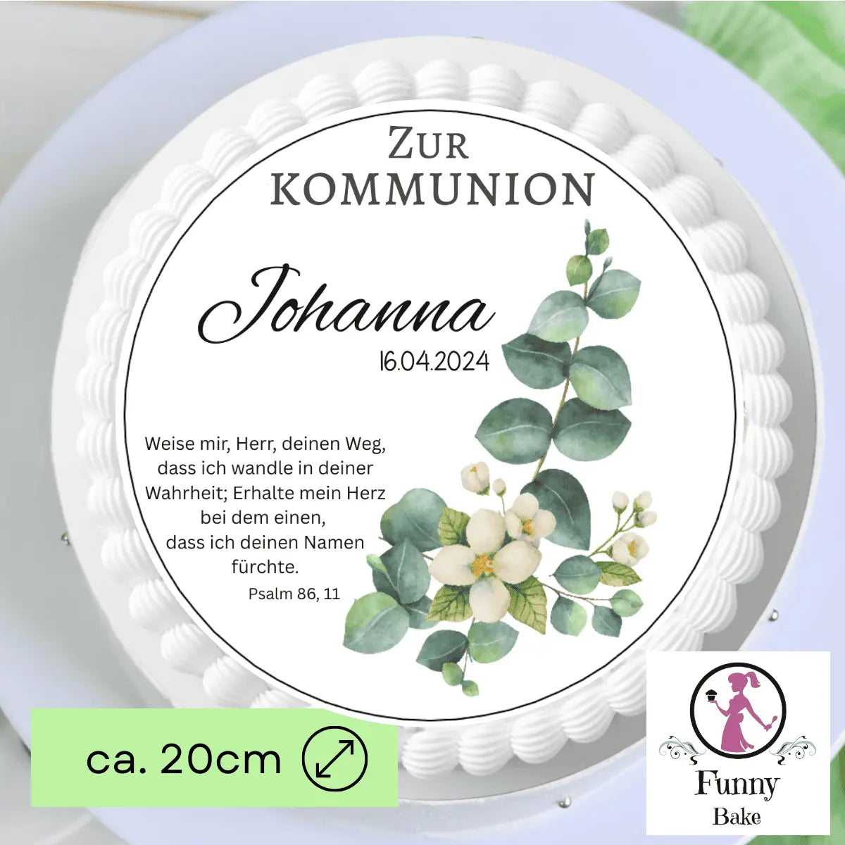 Tortenaufleger zur Kommunion mit Eukalyptuszweig – rund Funny Bake
