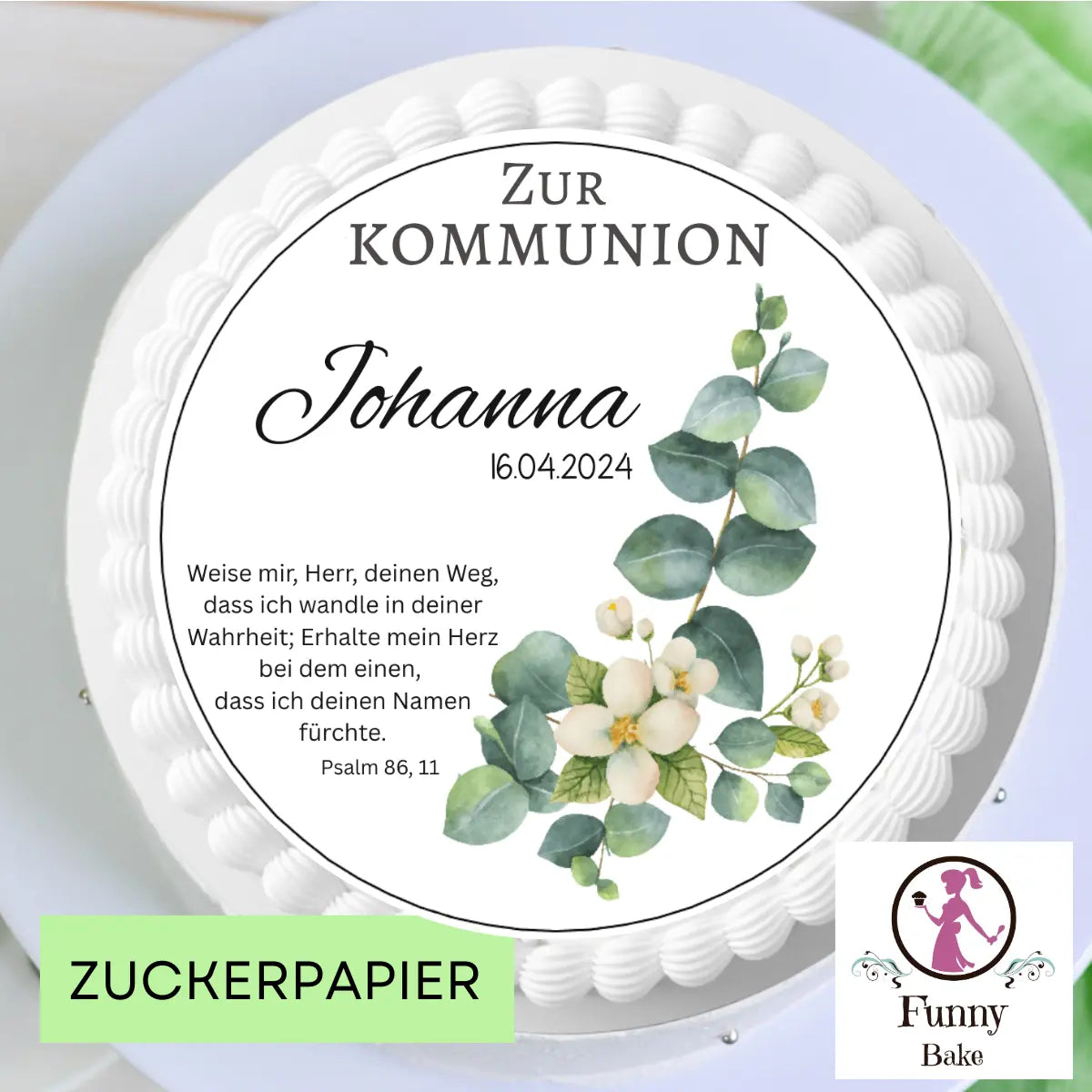 Tortenaufleger zur Kommunion mit Eukalyptuszweig – rund Funny Bake