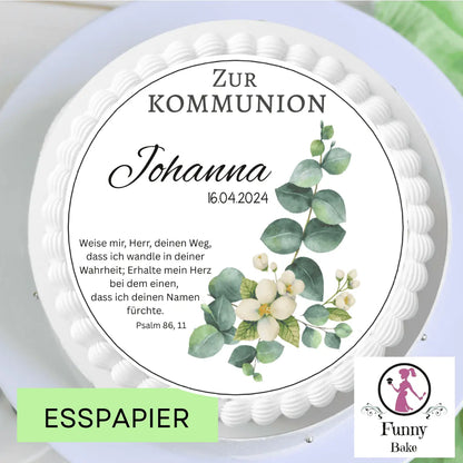 Tortenaufleger zur Kommunion mit Eukalyptuszweig – rund Funny Bake