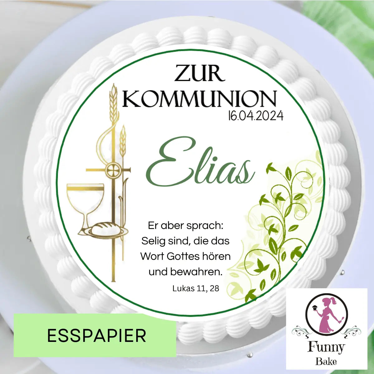 Tortenaufleger zur Kommunion mit Ranke – rund Funnybake