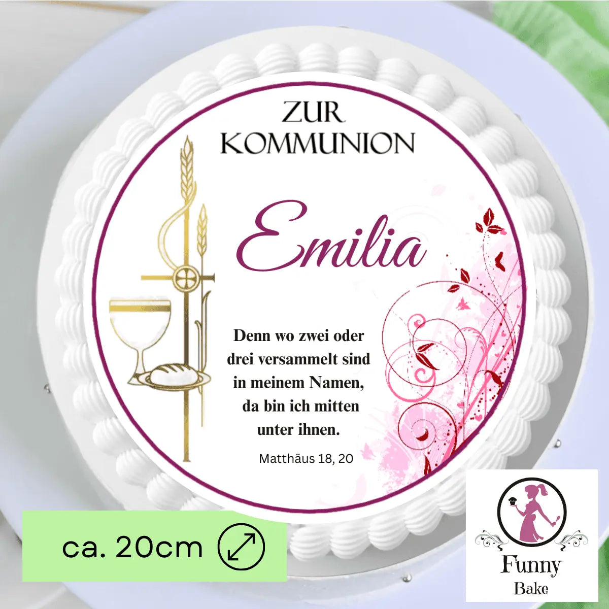 Tortenaufleger zur Kommunion in Rosa & Pink mit Goldakzent – rund Funnybake
