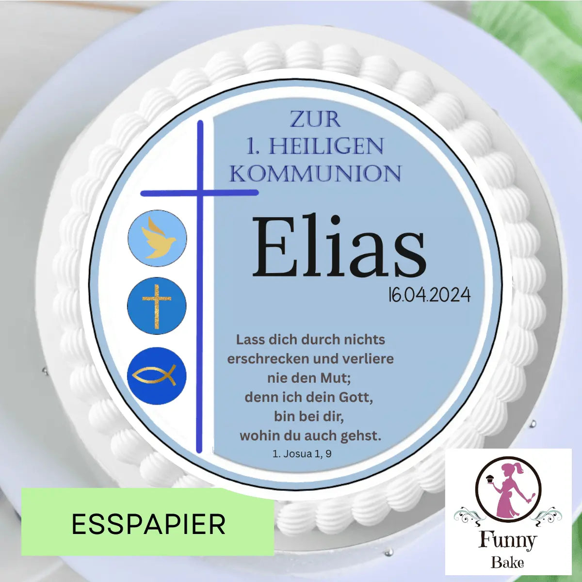 Tortenaufleger zur Kommunion – klassisches Design, rund Funny Bake