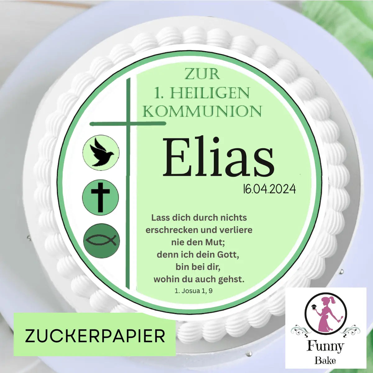 Tortenaufleger zur Kommunion in Grüntönen – rund Funny Bake