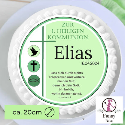 Tortenaufleger zur Kommunion in Grüntönen – rund Funny Bake
