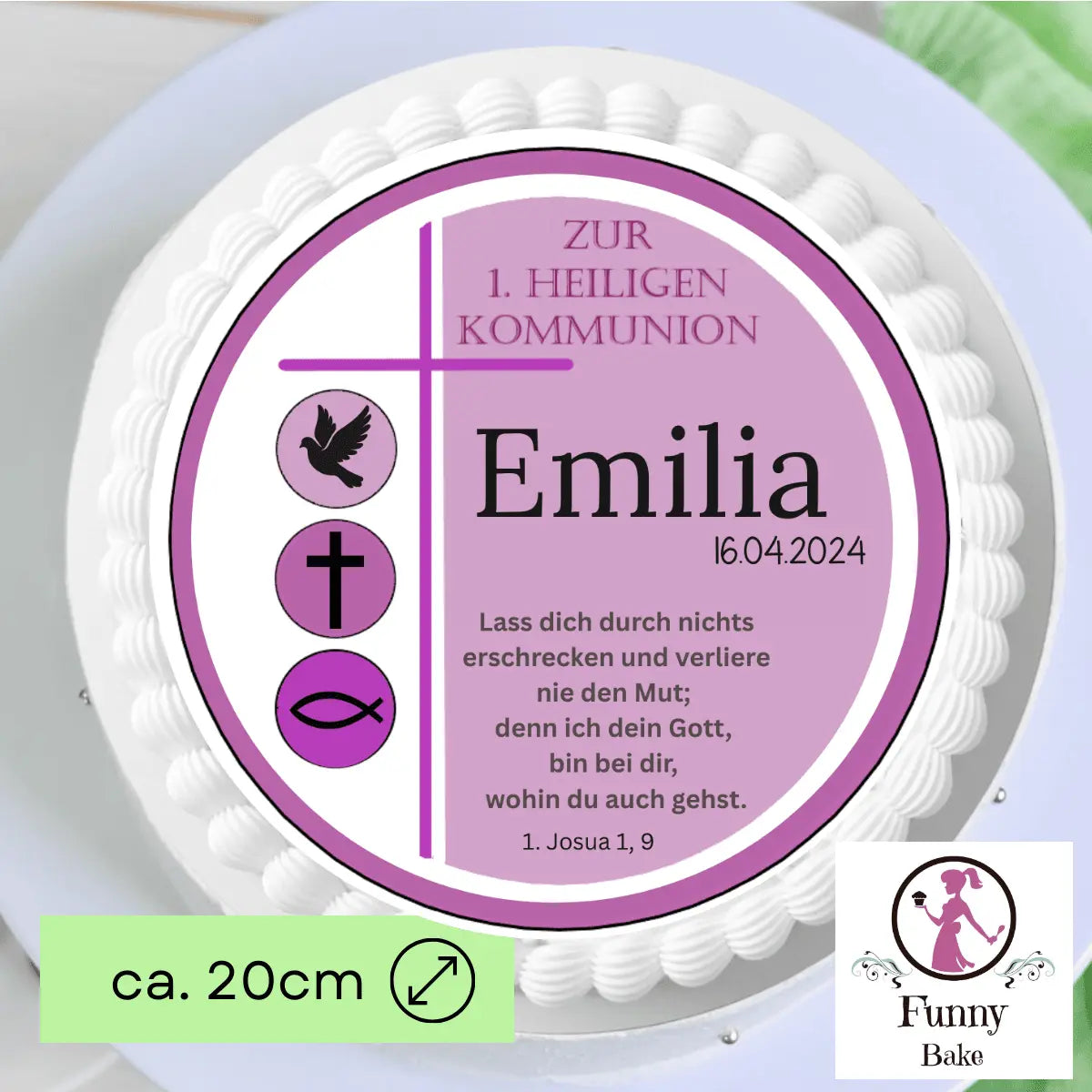 Tortenaufleger zur Kommunion in Pink & Altrosa – rund Funny Bake