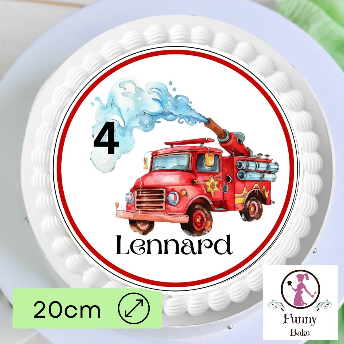 Tortenaufleger Feuerwehrauto – personalisiert mit Name & Zahl (20 cm rund) Funny Bake