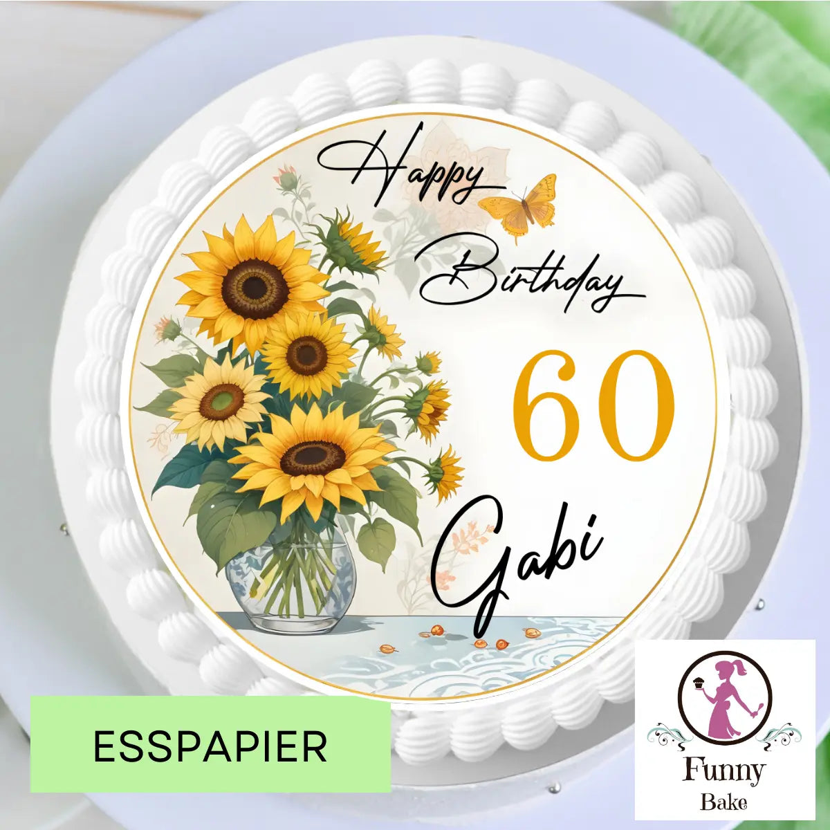 Tortenaufleger Sonnenblumen gemalt – personalisiert mit Name & Wunschzahl Funnybake