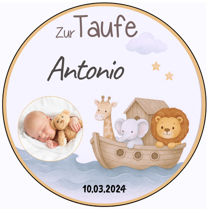 Tortenaufleger Taufe mit Arche & Tieren – personalisiert mit Name, Datum und Foto