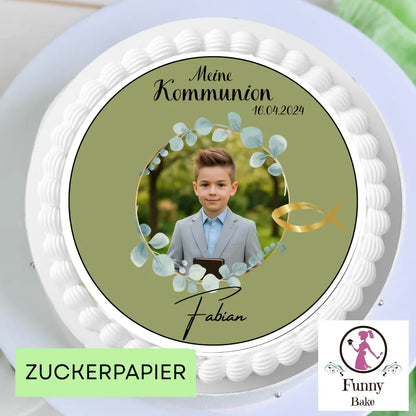 Tortenaufleger Meine Kommunion grün mit Bild , Name und Datum Funny Bake