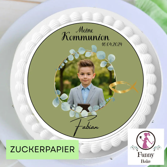 Tortenaufleger Meine Kommunion grün mit Bild , Name und Datum Funny Bake