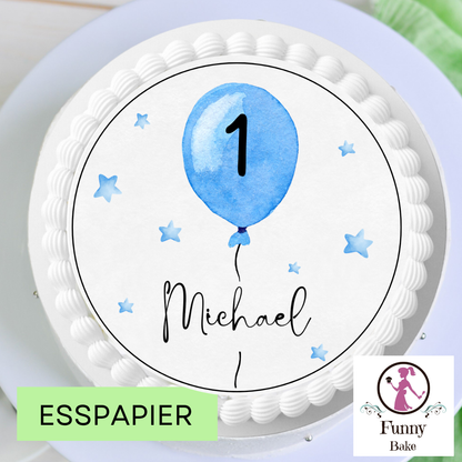 Essbarer Tortenaufleger Ballon Blau – Zahl & Name wählbar