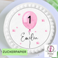 essbarer, runder tortenaufleger rosa ballon, zahl  name – personalisierbar, 20 cm rund. Zahl schwarz auf ballon, name unter ballon rosa sterne  wasserfarbenoptik  