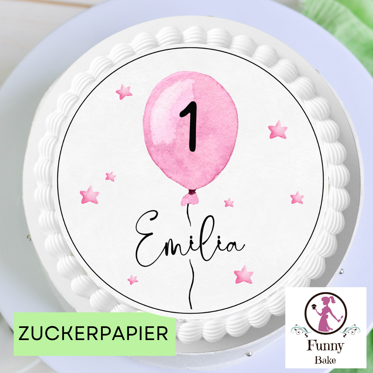 essbarer, runder tortenaufleger rosa ballon, zahl  name – personalisierbar, 20 cm rund. Zahl schwarz auf ballon, name unter ballon rosa sterne  wasserfarbenoptik  