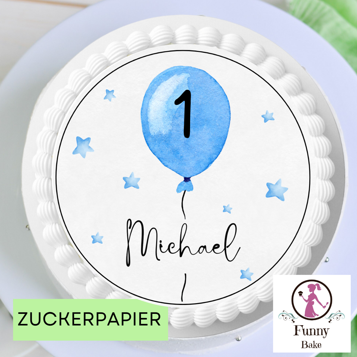 essbarer, runder tortenaufleger mit blauem ballon, zahl  name – personalisierbar, 20 cm rund. Zahl schwarz auf ballon, name unter ballon blaue  sterne  wasserfarbenoptik  auf aufleger verteilt.