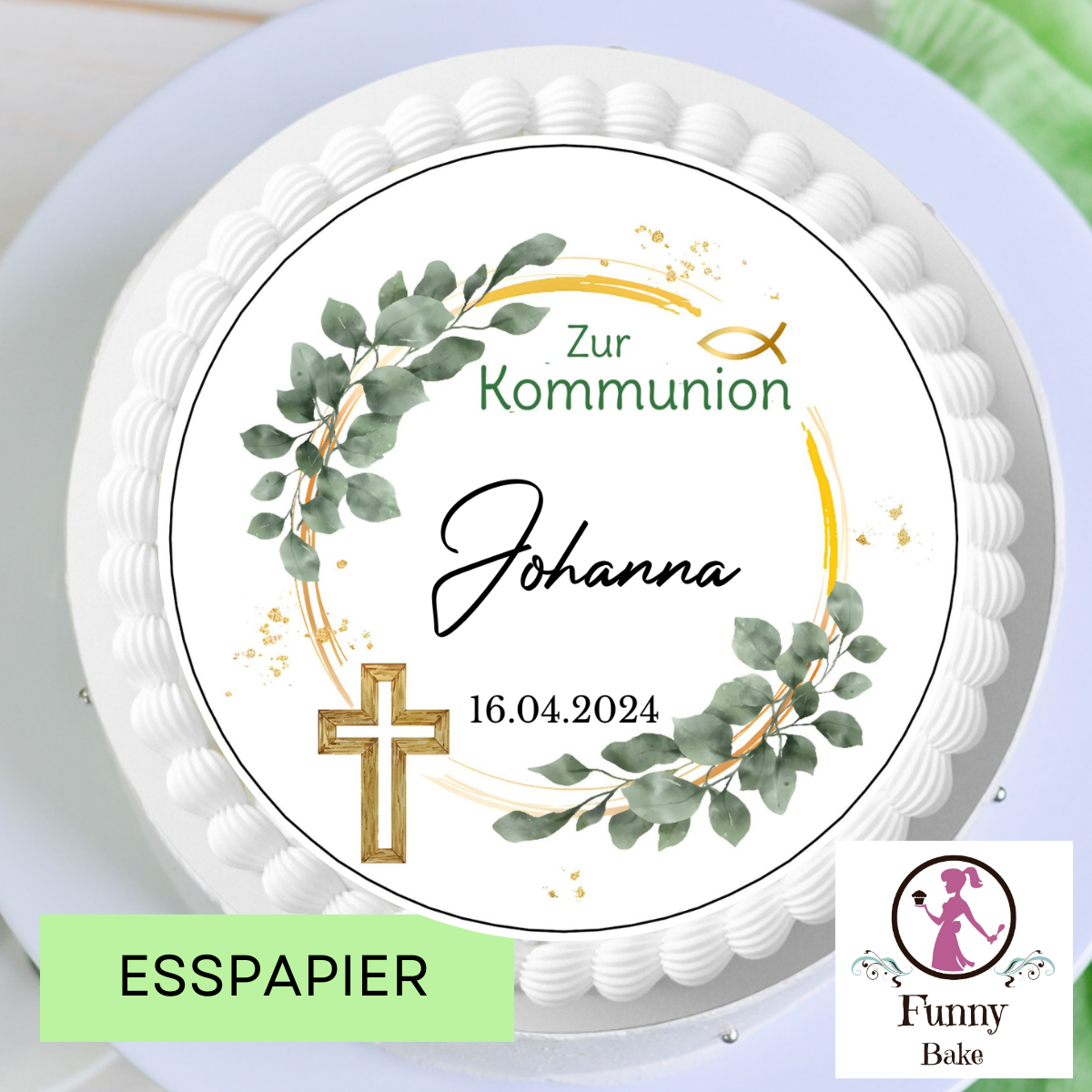 Tortenaufleger Kommunion mit Eukalyptus. - Funny Bake