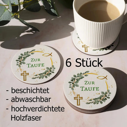 Untersetzer Taufe Gold Eukalyptus rund - Funny Bake