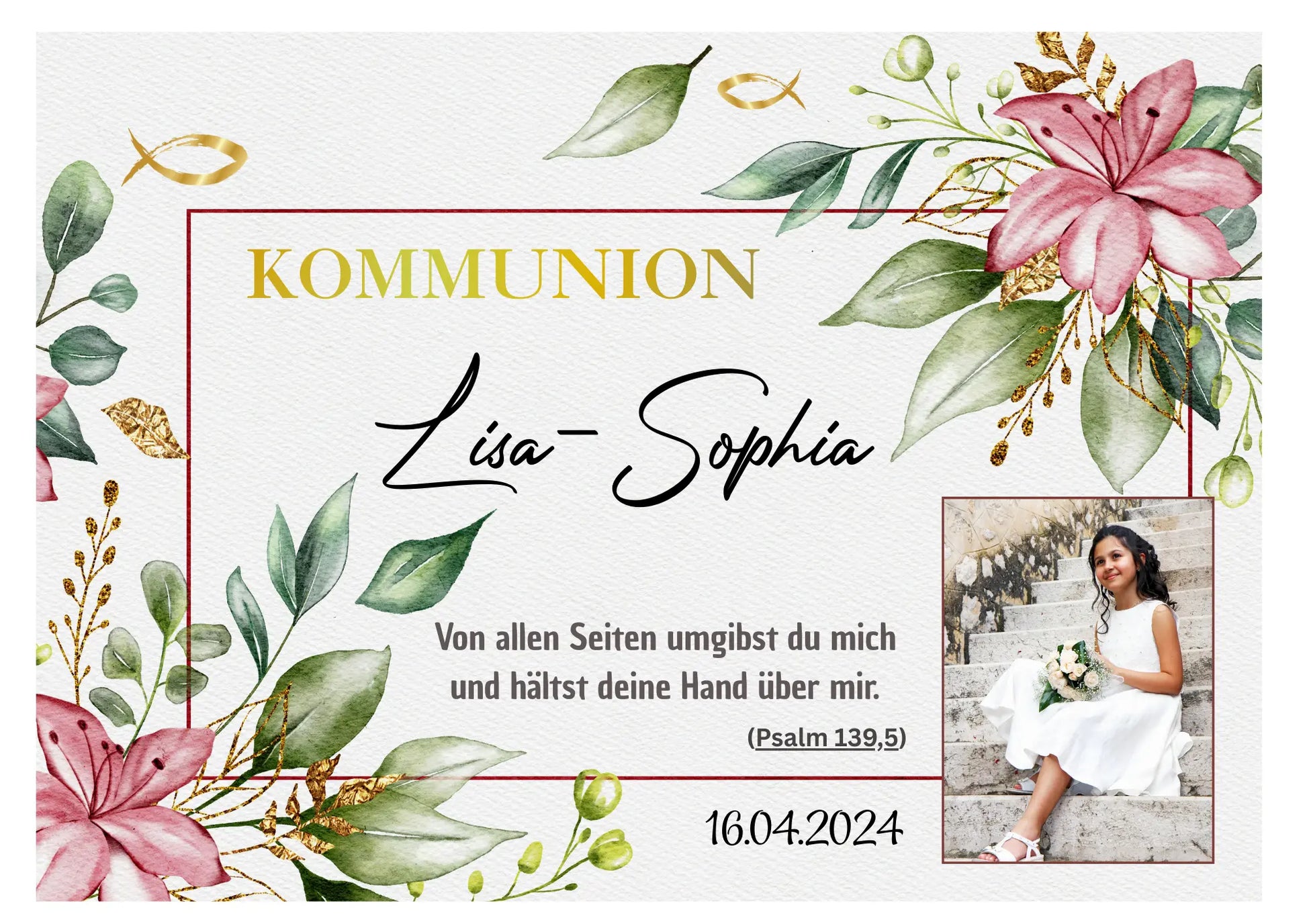 Tortenaufleger zur Kommunion mit Blumen – eckig & personalisierbar Funnybake.de