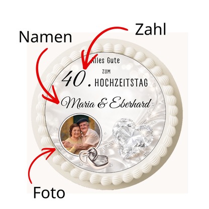 Tortenaufleger Hochzeitstag personalisiert mit Foto, Namen & Wunschzahl